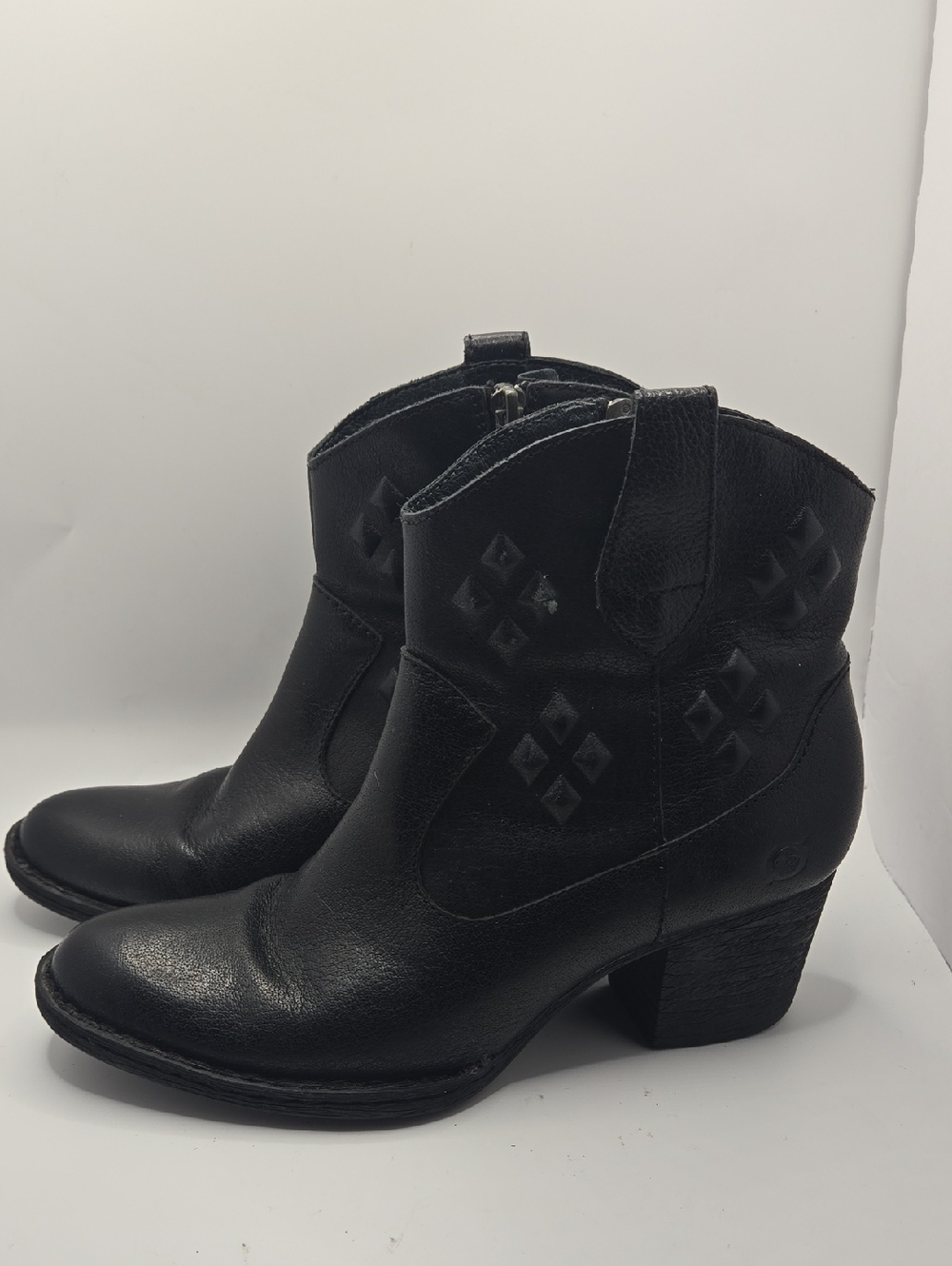 Børn Capri Black Western-Style Leather Ankle Boots with Block Heel Sz 7